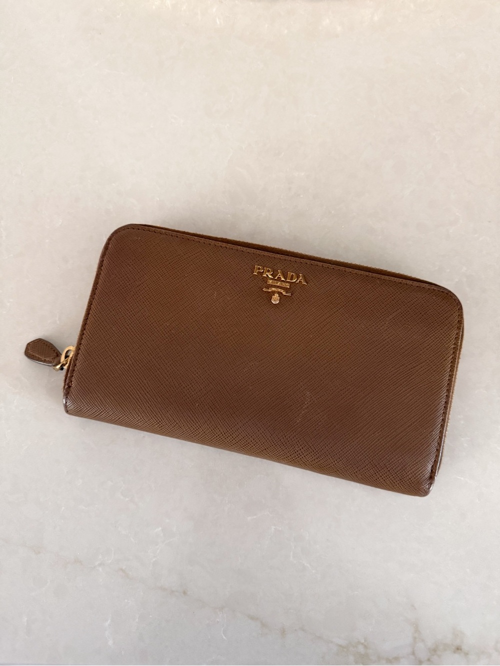 Prada Chocolate Brown Saffiano Zip Wallet with Gold Logo